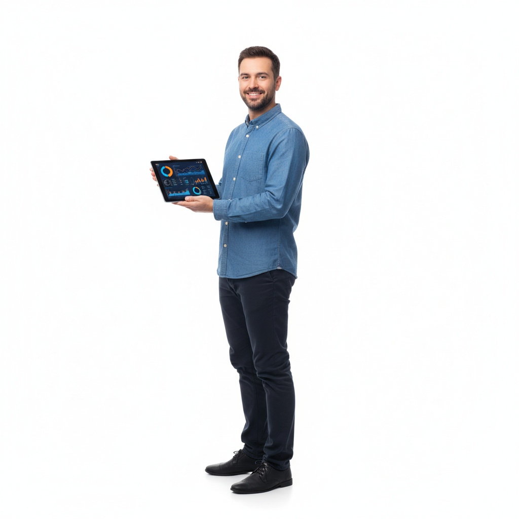 Mann in blauer Hemd hält ein Tablet mit grafischen Darstellungen in der Hand.